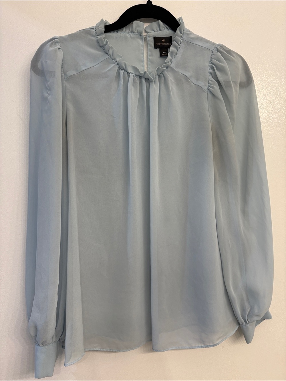 Worthington Pale Blue Ruffled Collar Long-Sleeve Blouse